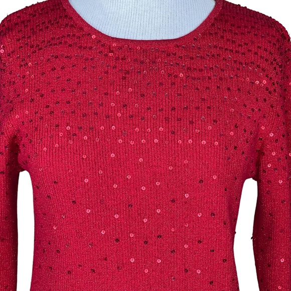 Hampshirite Studio Petite Red Metallic Ribbed Knit Sweater With Sequins PL - Picture 2 of 11